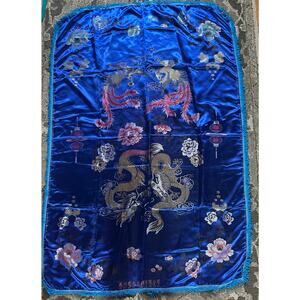 Chinese blue tablecloth fringed dragons silky peacocks  flowers Asian oriental